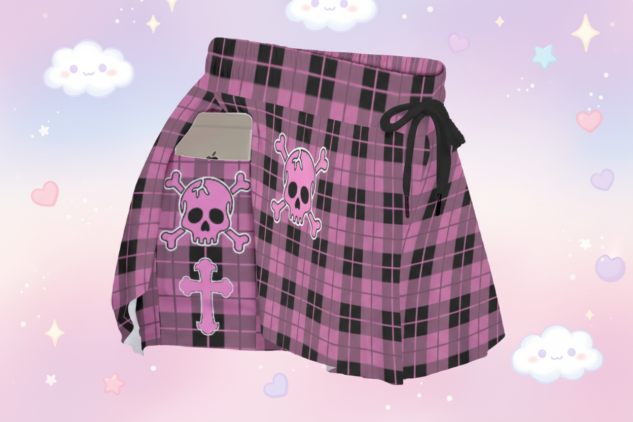 Pink Plaid Skull Skort – Gothic Skirt Shorts with Pockets