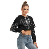 Kawaii Heaven Women Gothic Spiderweb Heart Cropped Hoodie - Black Halloween Aesthetic