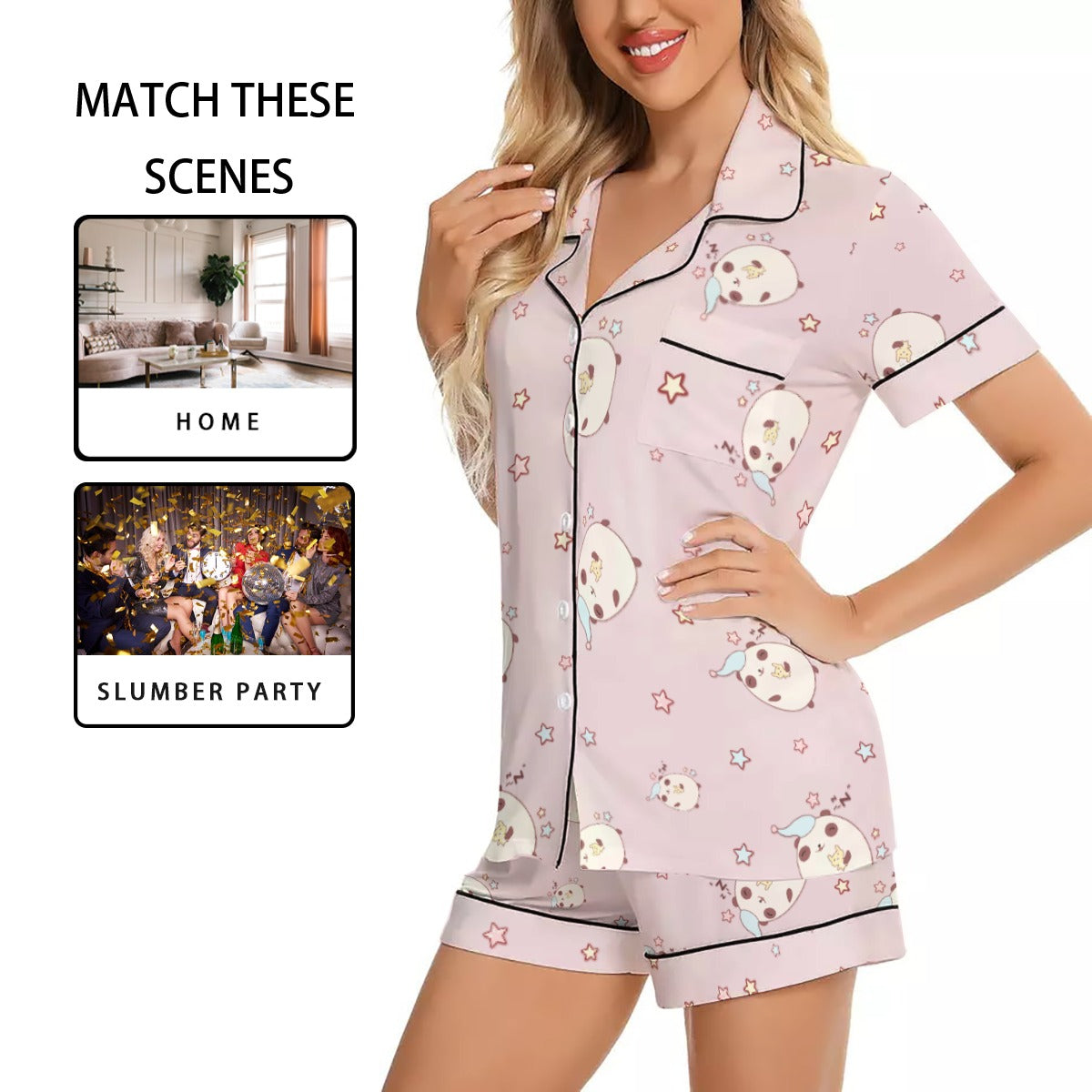 Women's Imitation Silk Short Sleeve Pajama Set with Bear Print