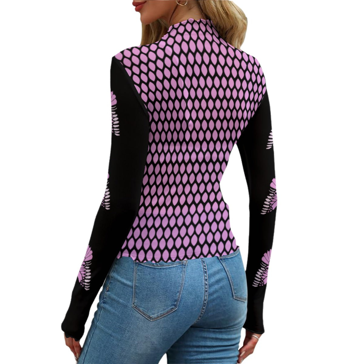 Kawaii Heaven Women's Honeycomb Butterfly Mesh Crop Top - Sexy Pink Long Sleeve Shirt