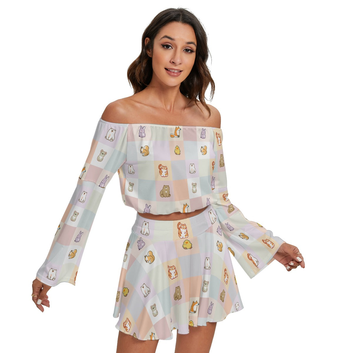 Kawaii Heaven Women's Off-Shoulder Pastel Pet Parade Top & Skirt Set