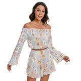 Kawaii Heaven Women's Off-Shoulder Pastel Pet Parade Top & Skirt Set