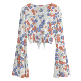 Kawaii Heaven Women's Bell Sleeve Crop Blouse with Front Tie - Colorful Daisy Print