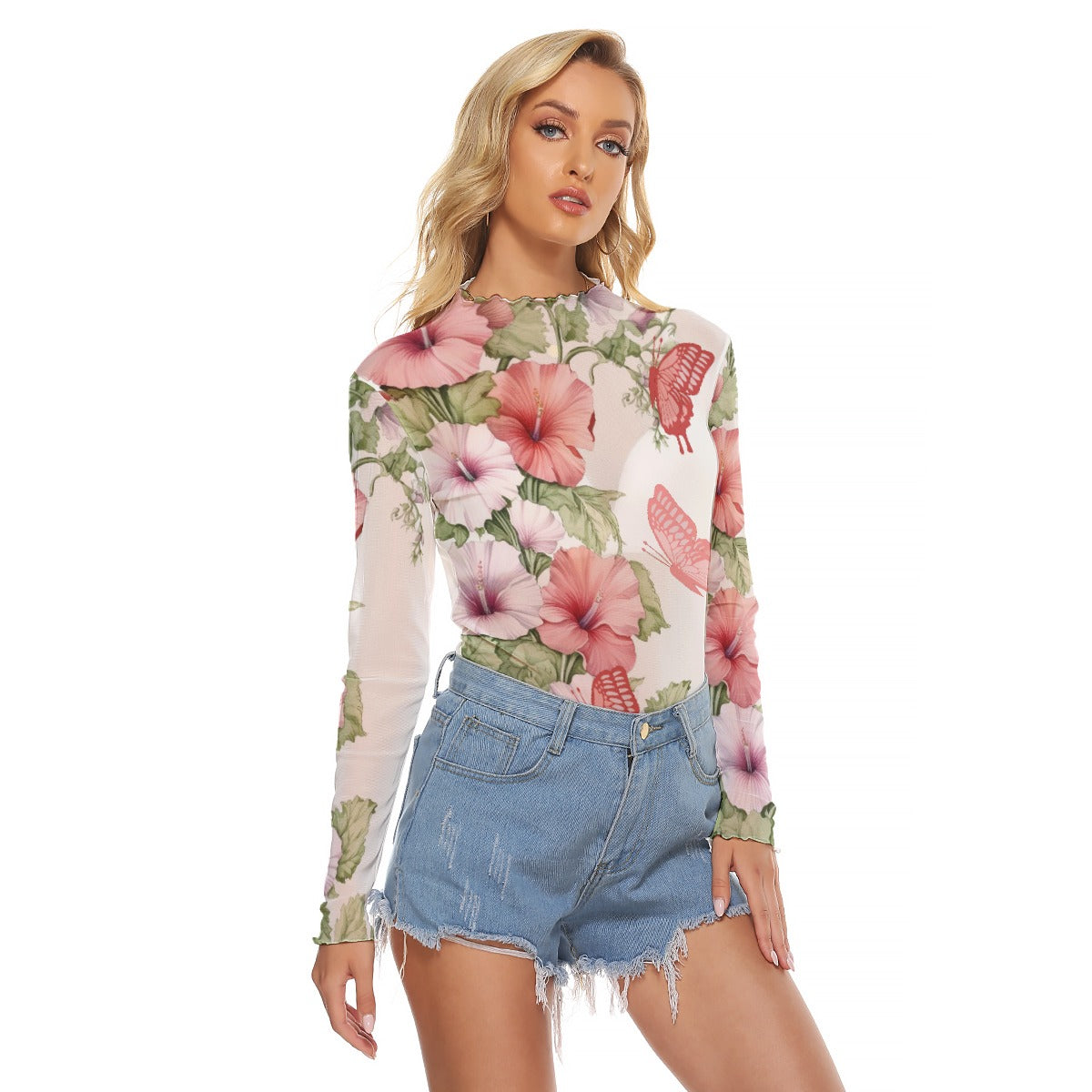 Floral Butterfly Mesh Long Sleeve T-Shirt for Women - Sexy Sheer Top with Pink Hibiscus Print