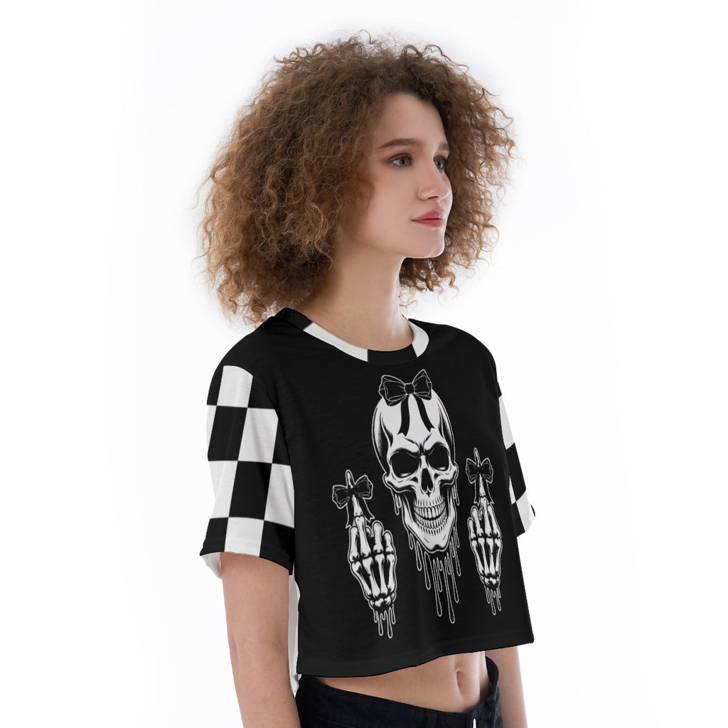 Gothic Skull Crop Top – Black & White Checkered Alt Graphic Tee