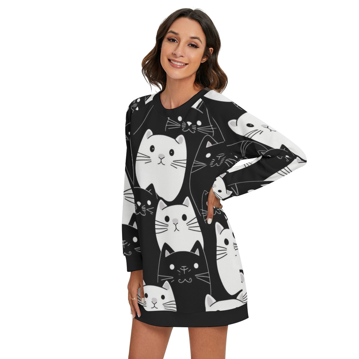 Women's Monochrome Meow Lounge Round Neck Raglan Sleeve Sweater | Polyester Blend