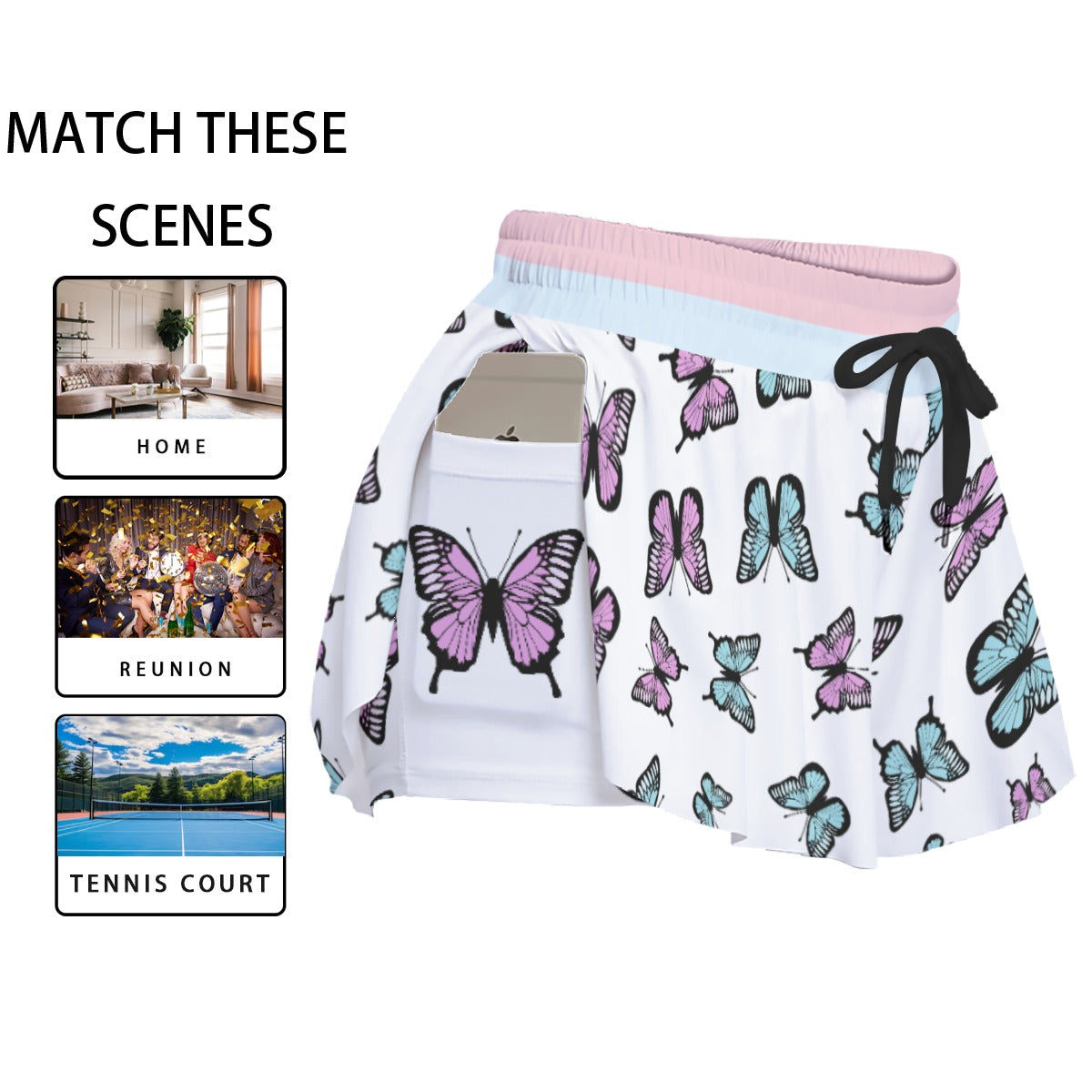 Kawaii Heaven Women's Pastel Butterfly Print Sport Skorts with Pockets