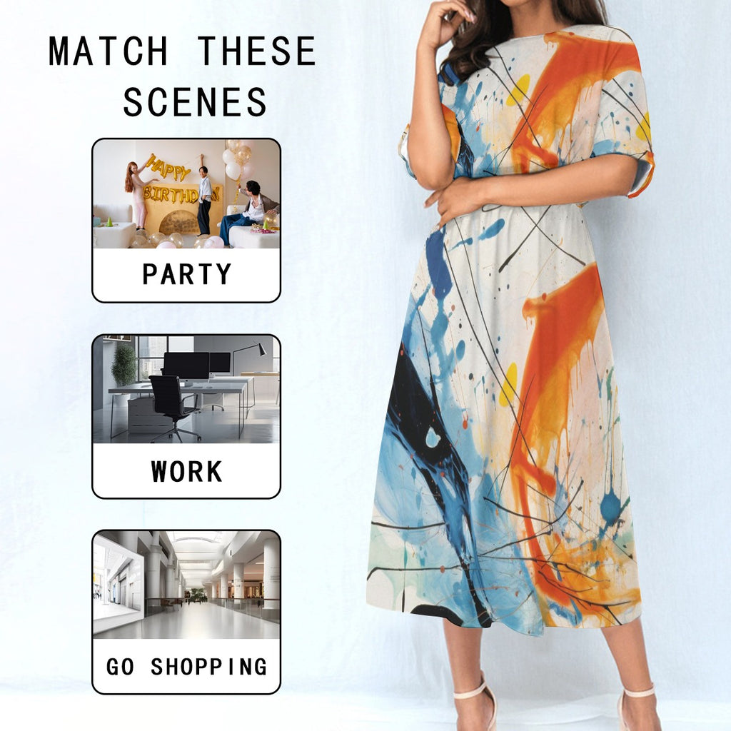 Paint Splash Abstract Midi Dress – Women’s Elastic Waist Casual Wear