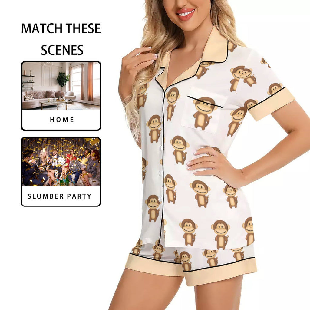 Women's Imitation Silk Short Sleeve Monkey Print Pajama Set, Comfortable Summer Sleepwear