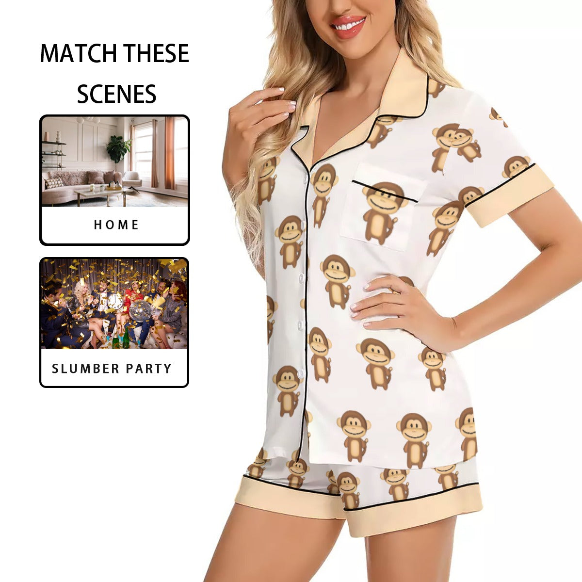 Women's Imitation Silk Short Sleeve Monkey Print Pajama Set, Comfortable Summer Sleepwear
