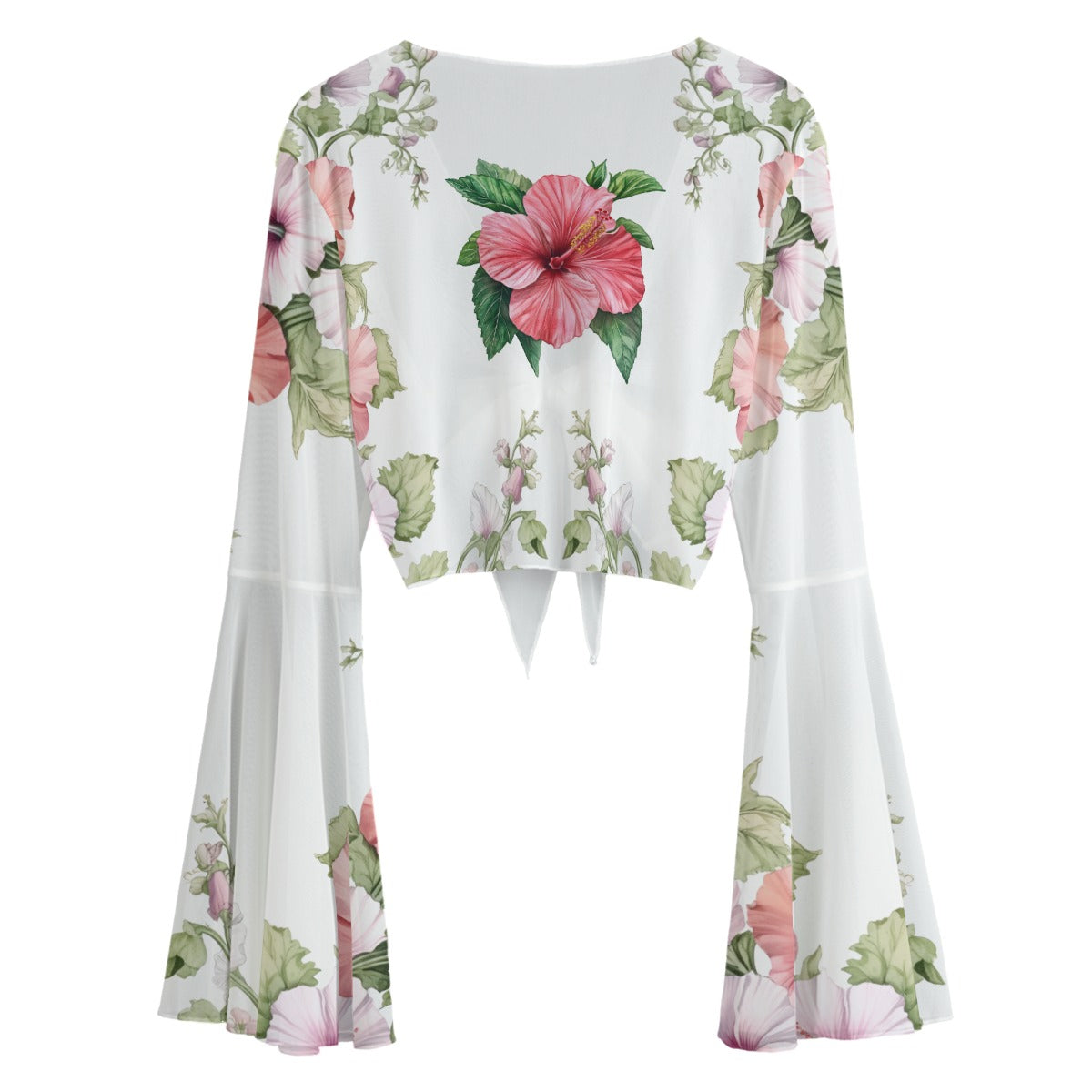 Floral Mesh Tie Front Top – Sheer Bell Sleeve Flower Blouse