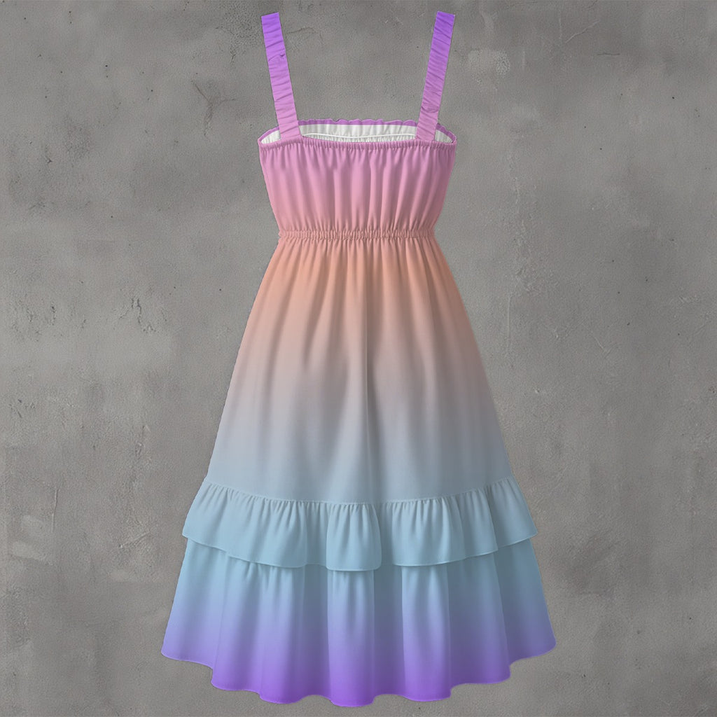 Pastel Gradient Ruffle Dress – Sleeveless Midi Dress with Soft Flow