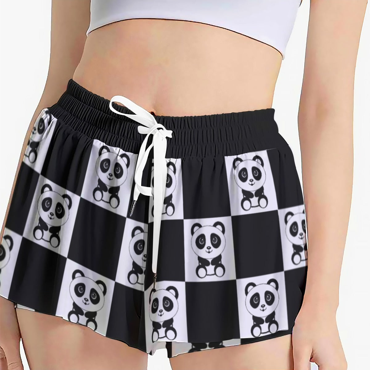 Kawaii Heaven Women's Panda Chessboard Pocket Skorts with Microfiber Fabric