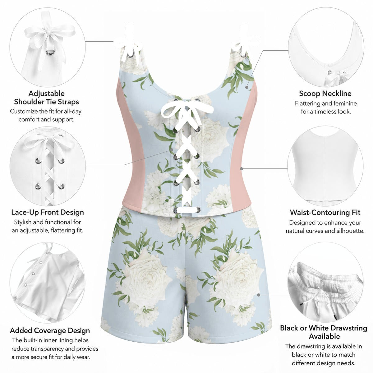 Blue Floral Corset Romper Set – Cottagecore Lace-Up Summer Outfit