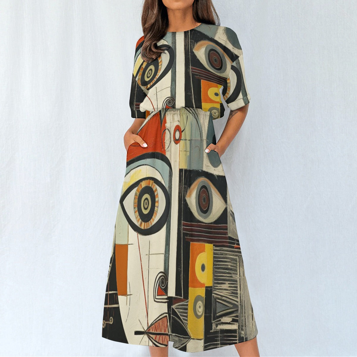 Abstract Art Midi Dress – Women’s Elastic Waist Casual Fashion