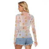 Women's Kawaii Animal Mesh Long Sleeve T-shirt, Breathable & Stylish