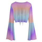 Pastel Gradient Tie-Front Blouse – Sheer Bell Sleeve Crop Top