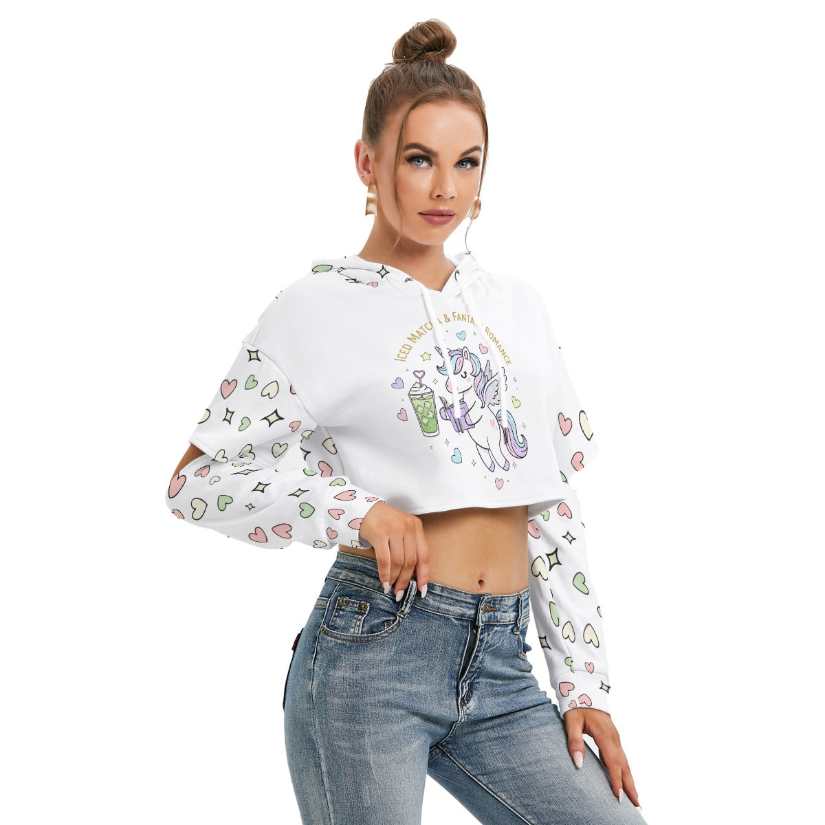 Unicorn Cropped Hoodie with Heart Sleeves – Soft Fleece Interior & Cute Pastel Design