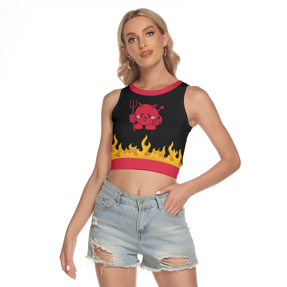 Devil Cat Flame Sleeveless Back Hollow Crop Top for Women - Y2K Streetwear Tank with Soft Mesh