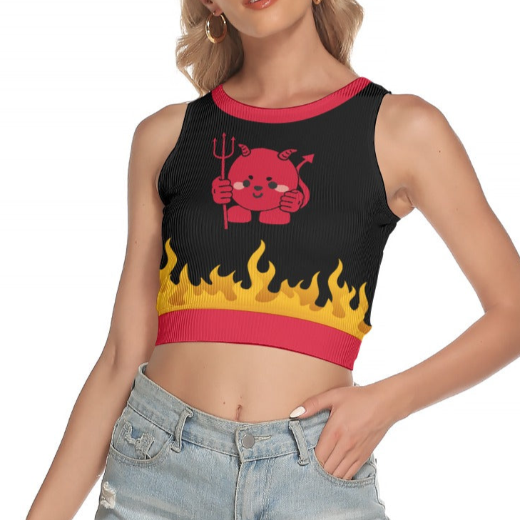 Devil Cat Flame Sleeveless Back Hollow Crop Top for Women - Y2K Streetwear Tank with Soft Mesh