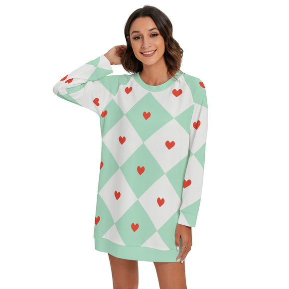 Women's Mint Hearts Harlequin Style Round Neck Raglan Sleeve Sweater | Polyester