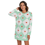Women's Mint Hearts Harlequin Style Round Neck Raglan Sleeve Sweater | Polyester