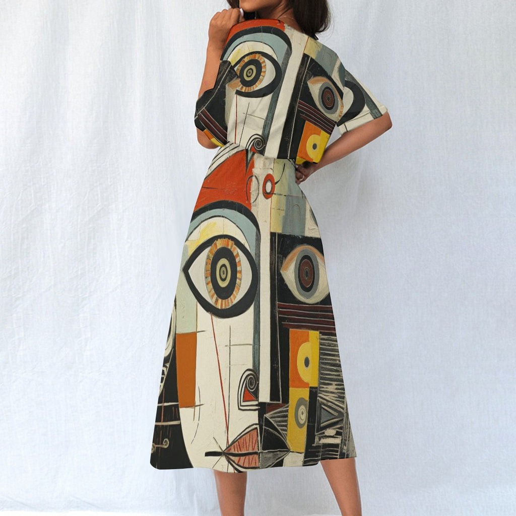 Abstract Art Midi Dress – Women’s Elastic Waist Casual Fashion