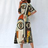 Abstract Art Midi Dress – Women’s Elastic Waist Casual Fashion