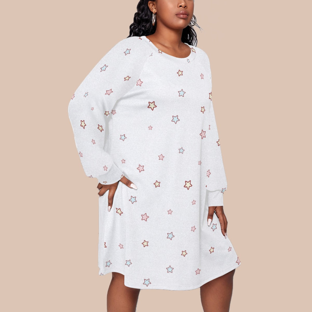 Kawaii Heaven Plus Size Star Print Long Sleeve Raglan Dress - Cozy Comfortable Women's Dress