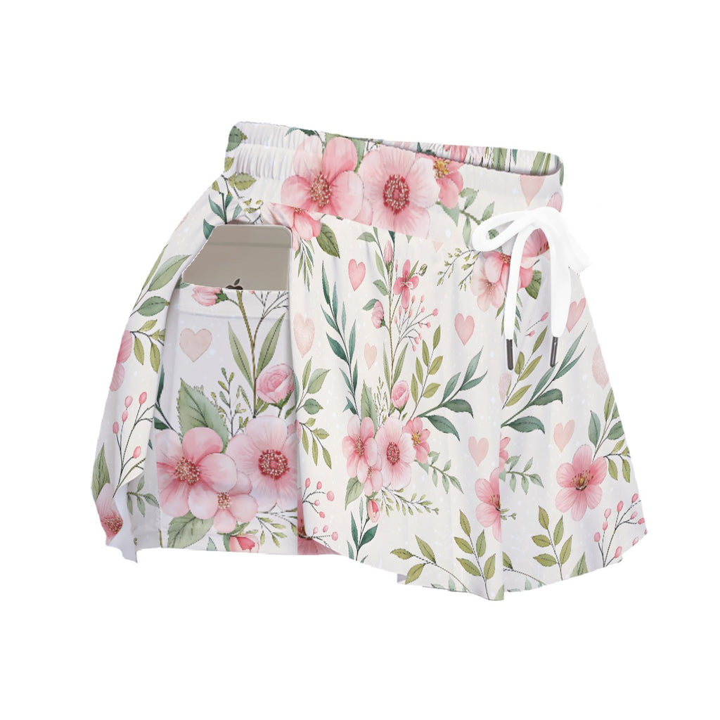 Floral Heart Skort – Pink Flower Skirt Shorts with Pockets