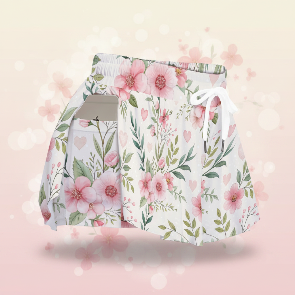 Floral Heart Skort – Pink Flower Skirt Shorts with Pockets