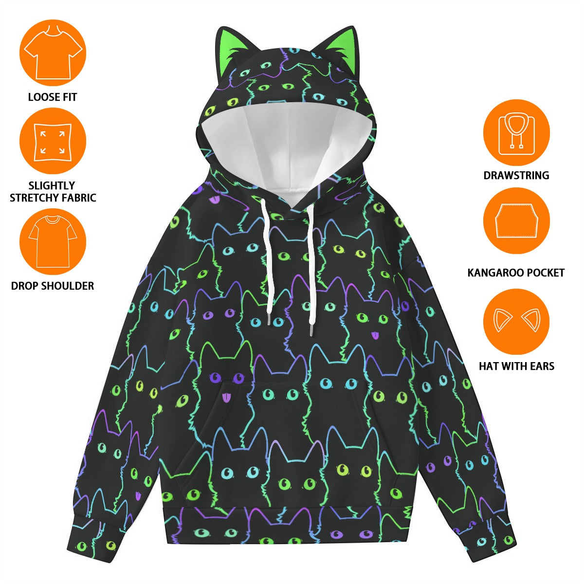 Neon Cat Print Hoodie for Women with Decorative Cat Ears - Black Scuba Pullover Sweatshirt
