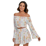 Kawaii Heaven Women's Off-Shoulder Pastel Pet Parade Top & Skirt Set