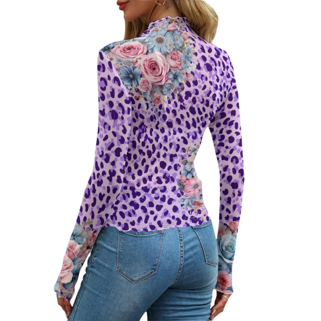Purple Leopard Floral Mesh Long-Sleeve Top