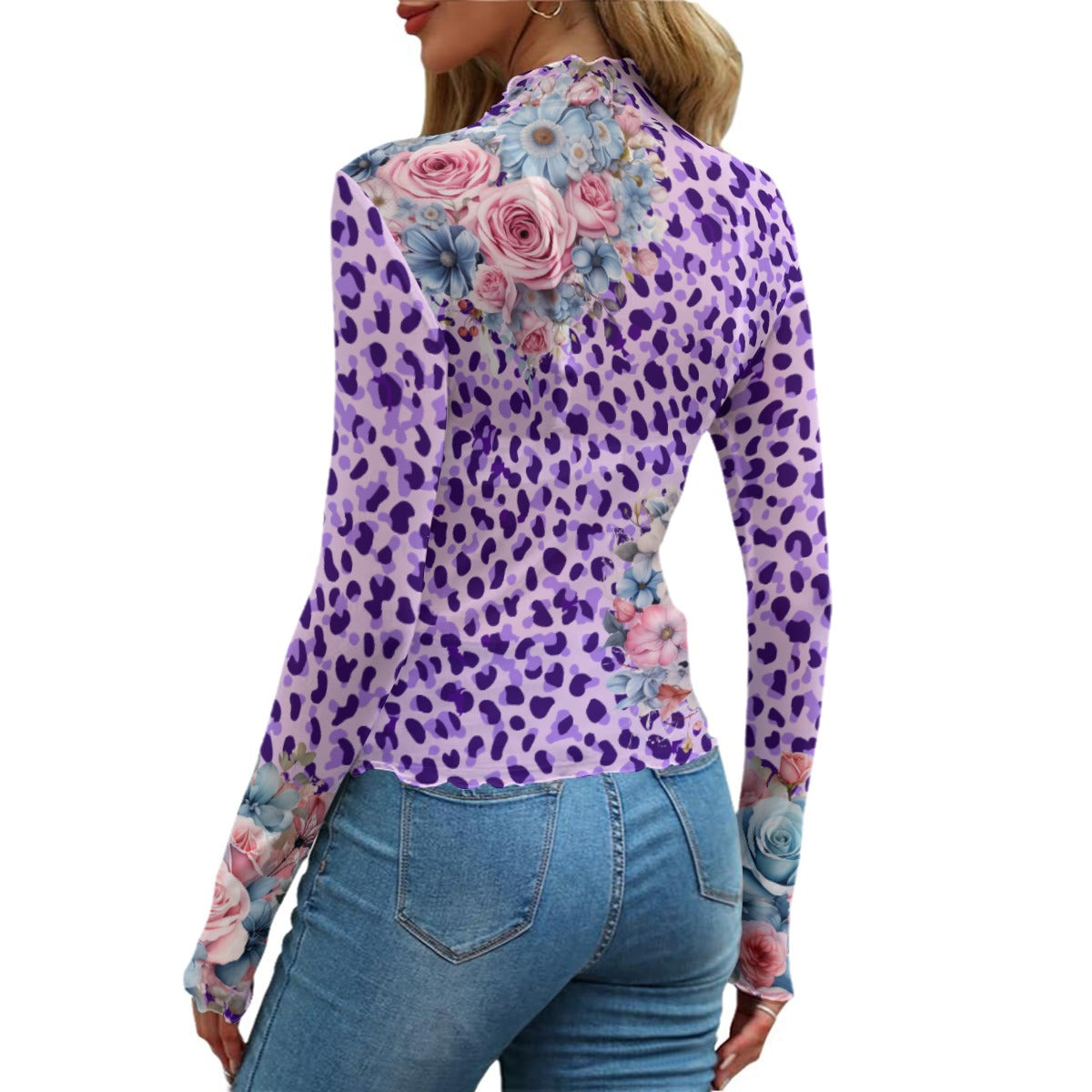 Purple Leopard Floral Mesh Long-Sleeve Top