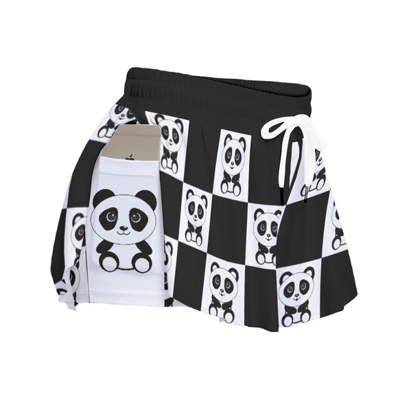 Kawaii Heaven Women's Panda Chessboard Pocket Skorts with Microfiber Fabric