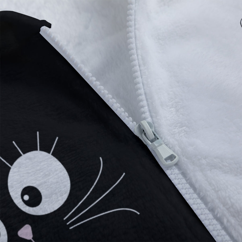Kawaii Cat Bunny Ear Hoodie – Black and White Fleece Zip Up Jacket