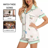 Kawaii Heaven Women's Mint Bear & Floral Print Short Sleeve Silk-like Pajama Set for Summer
