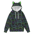Neon Cat Print Hoodie for Women with Decorative Cat Ears - Black Scuba Pullover Sweatshirt