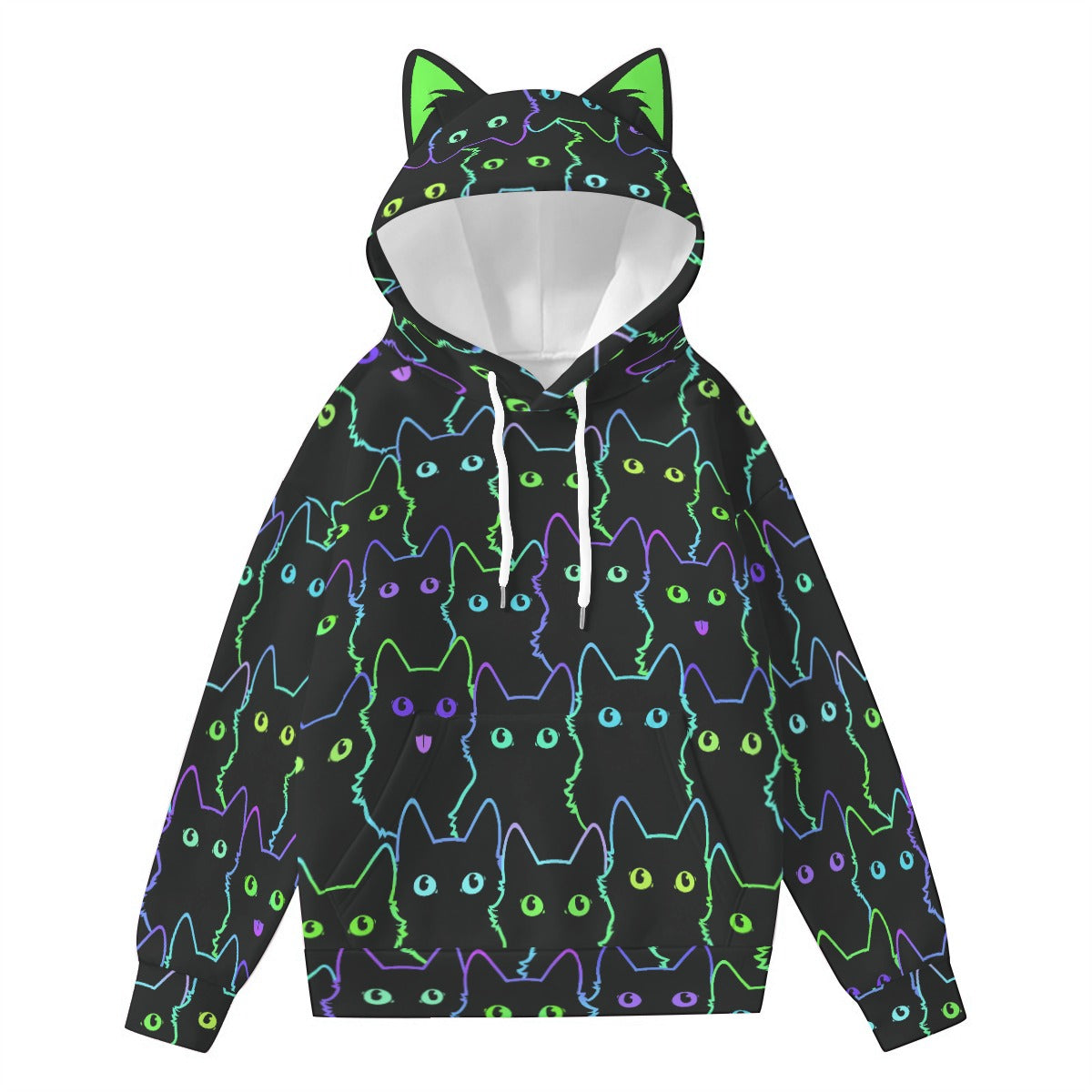 Neon Cat Print Hoodie for Women with Decorative Cat Ears - Black Scuba Pullover Sweatshirt
