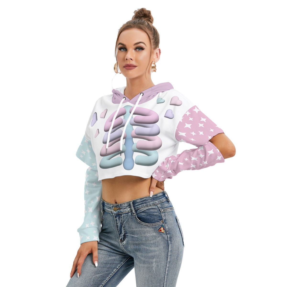 Kawaii Heaven Women's Cropped Hoodie with Pastel Skeleton Print Hollow Out Sleeve Fleece Sweatshirt