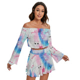 Kawaii Heaven Women Off-Shoulder Microfiber Crop Top & Skirt Set - Pastel Grid Print
