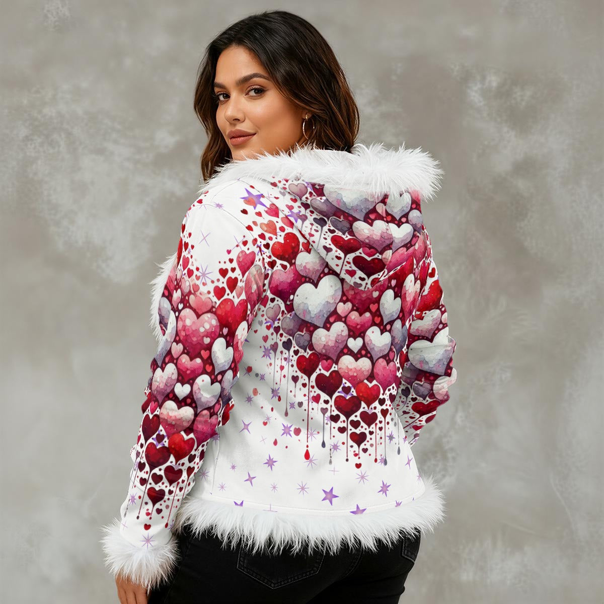 Heart Print Faux Fur Hoodie Jacket – Cozy Zip-Up Hoodie with Plush Trim