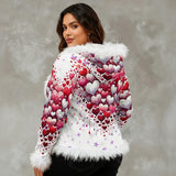 Heart Print Faux Fur Hoodie Jacket – Cozy Zip-Up Hoodie with Plush Trim