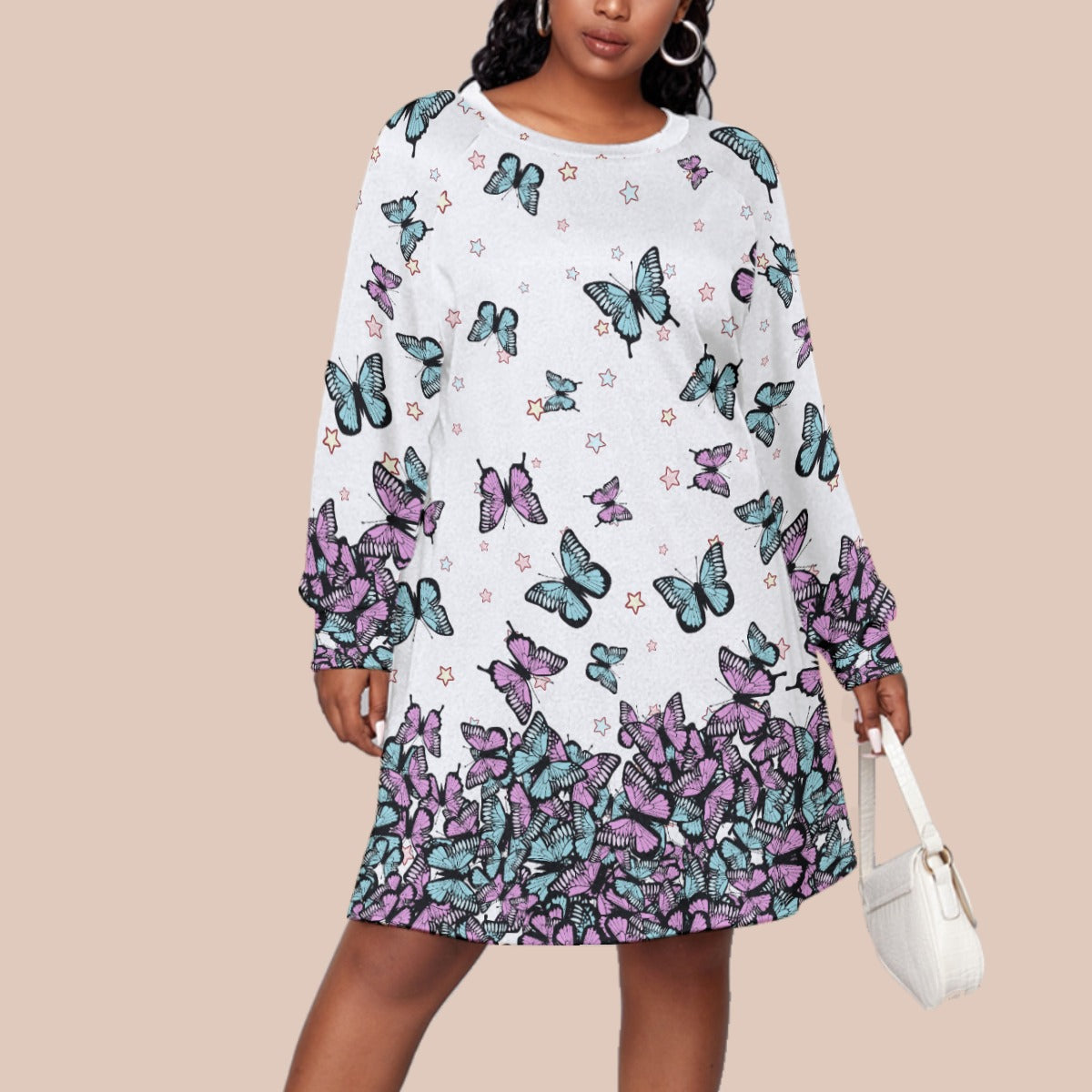 Kawaii Heaven Plus Size Butterfly Print Long Sleeve Raglan Jersey Dress