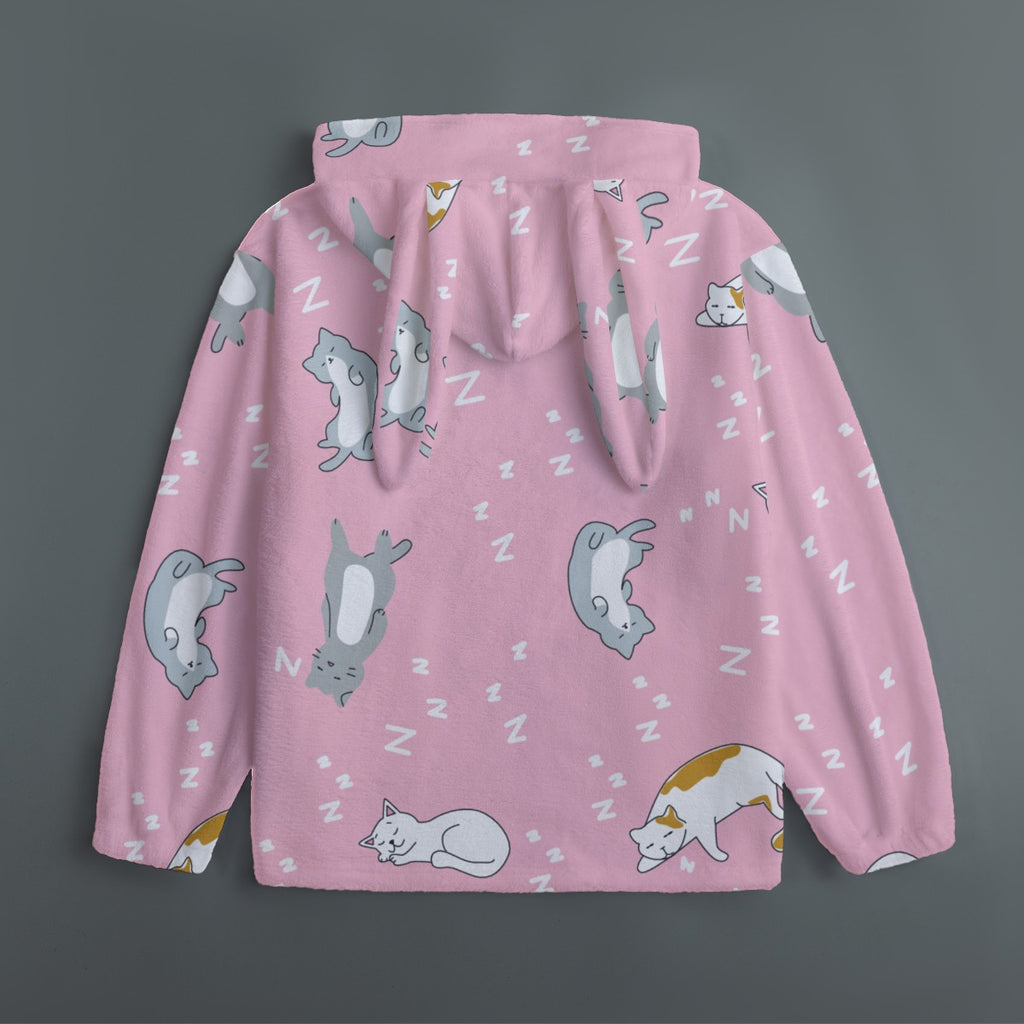 Kawaii Cat Bunny Ear Hoodie – Cute Pink Fleece Zip Up Jacket