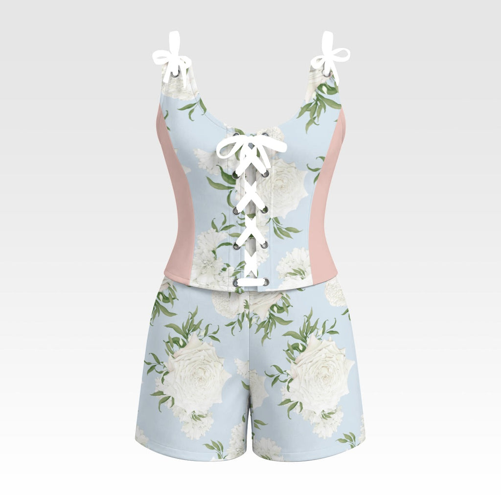 Blue Floral Corset Romper Set – Cottagecore Lace-Up Summer Outfit
