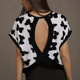 Open Back Cat Graphic T-Shirt – Relaxed Fit Crossover Yoga Top