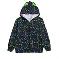 Neon Cat Print Zip-Up Hoodie with Cat Ears - Black Unisex Scuba Hooded Jacket