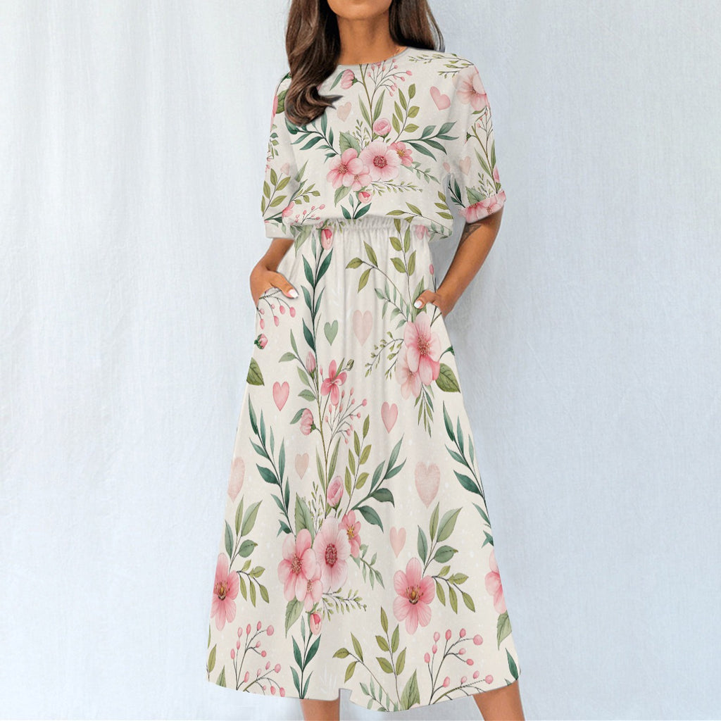 Floral Midi Dress – Pink Flower Elastic Waist Dress
